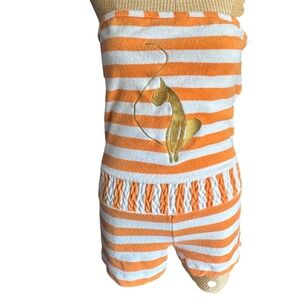 Baby Phat Terry Cloth Romper Womens Medium Orange Stripe Y2K Gold Cat Excellent